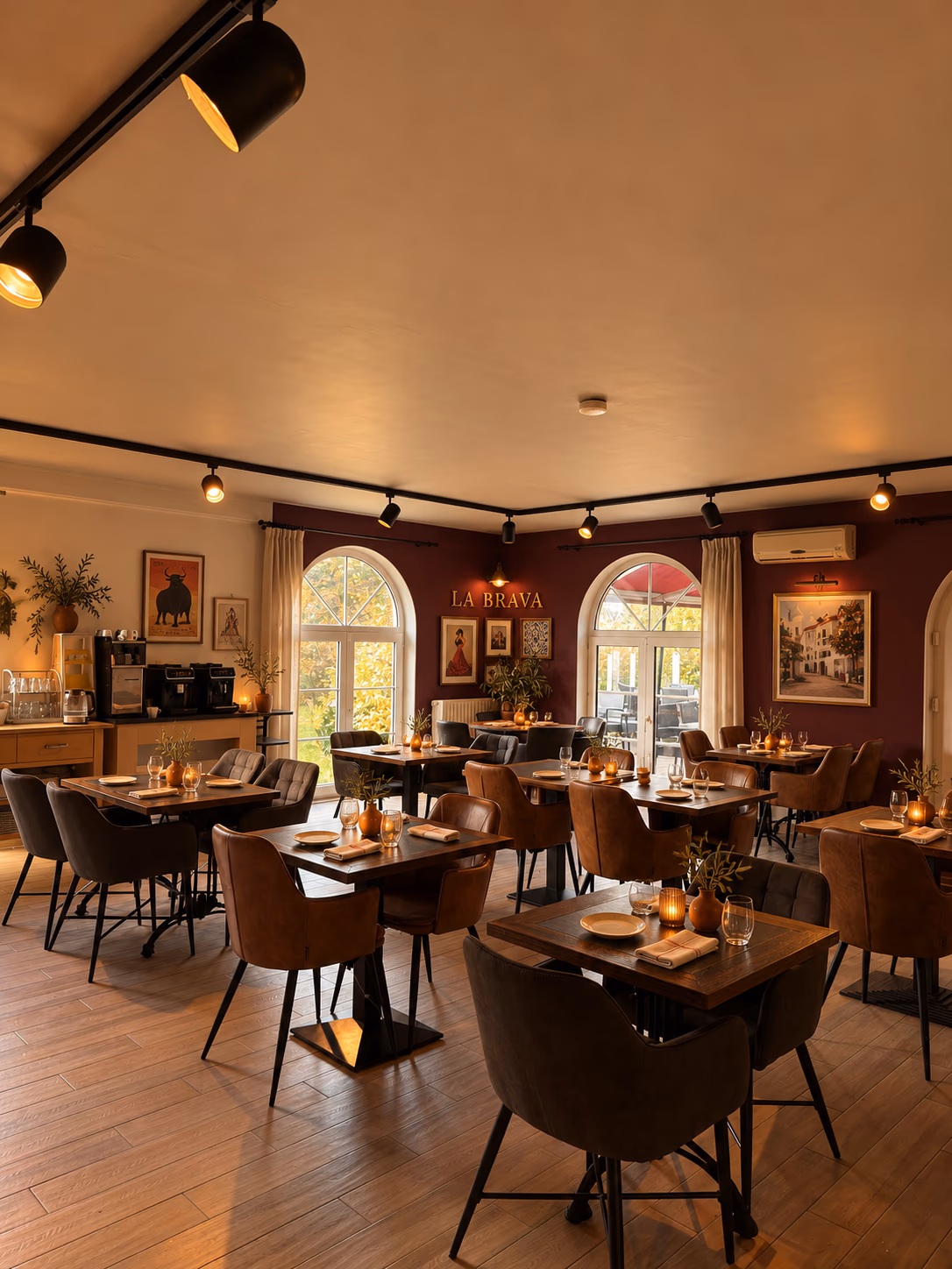 Restaurant LA BRAVA met warme verlichting en bordeaux accenten