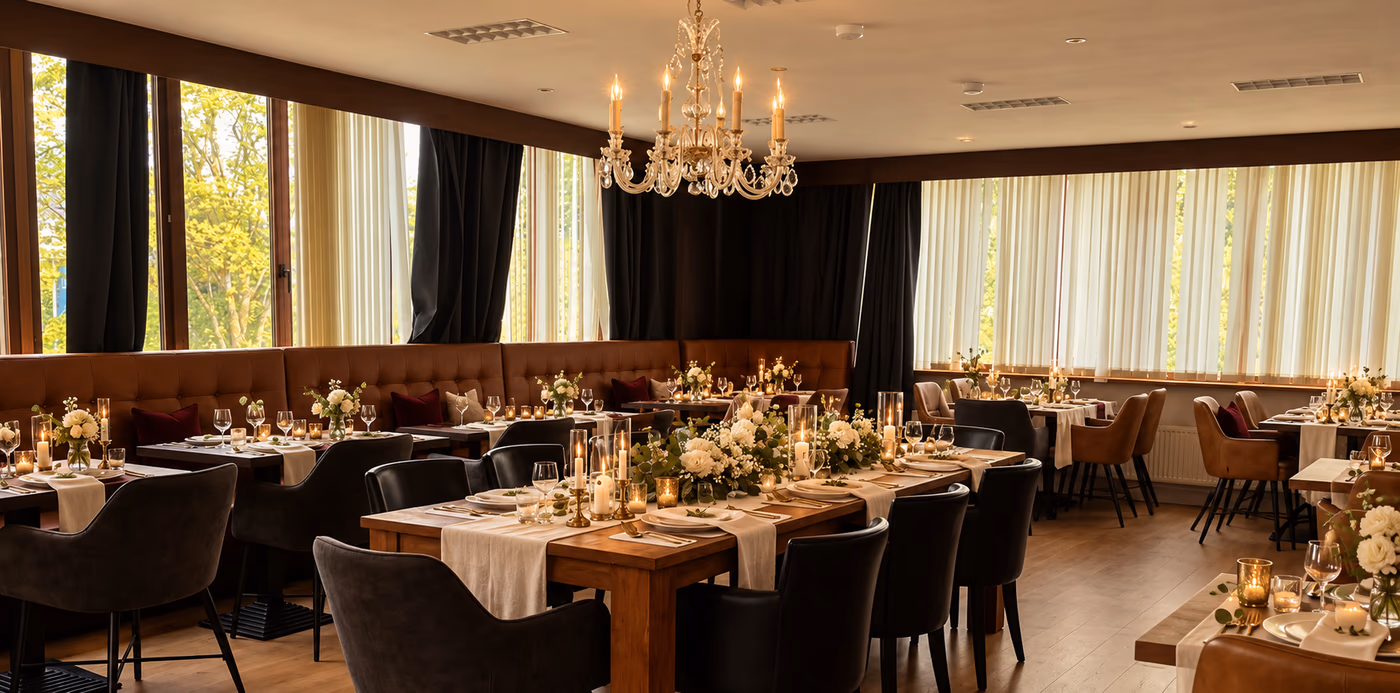 De feestzaal met kristallen luster, lange tafel en zicht op het groen